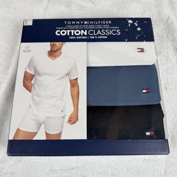 Tommy Hilfiger Men's 3-Pack Classic Fit V-Neck T-Shirts Medium Blue-Black-White - Picture 1 of 5